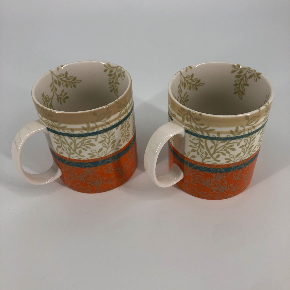 Starbucks 2008 Set of Coffee Mugs‎ Floral Leaf 14 Fl Oz Artsy Vines Orange Blue